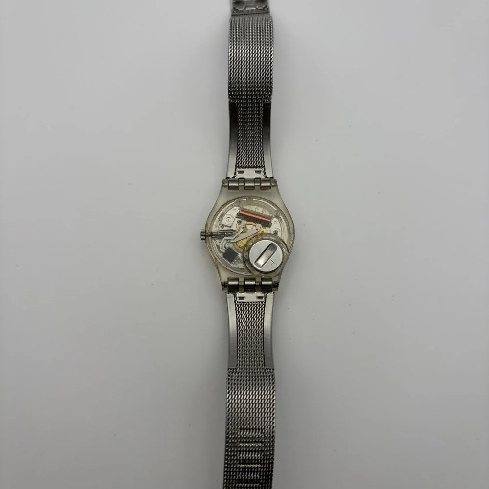 Womens Vintage Swatch Clear Case Watch Silver Mesh Band - needs battery